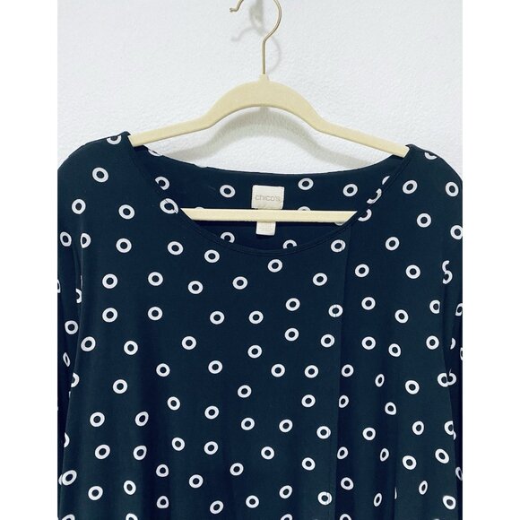 Chicos Top Womens XL Black White Grommet Dot Print Asymmetrical High Low Tunic - Picture 2 of 8